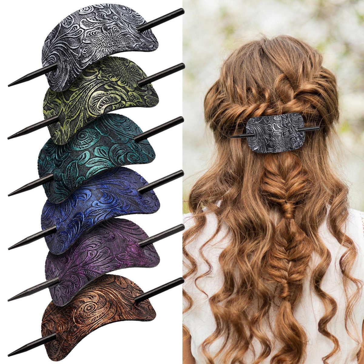 Noverlife 6PCS Leather Hair Barrettes with Stick Square Shape Hair Accessories Set - Ponytail Holders Clips with Wood Slide Stick for Women Girls