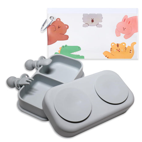 MUUPEG Travel Baby Suction Plate To Go Portable Silicone Suction Plate Set for Toddler Baby Divided Bowls with Utensils Compact Design for Travel and Outdoor Microwave & Dishwasher Safe