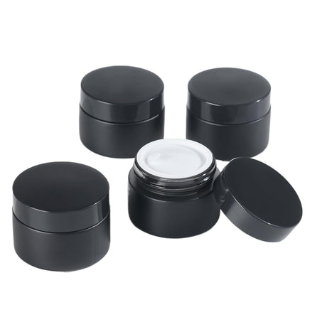 OverNews 4PCS 1oz Glass Jar Empty Small Cosmetic Lotion Containerswith Inner LinersBlack Lid Spatula (Black)