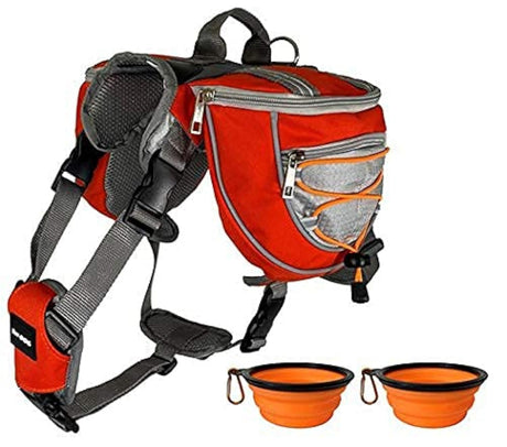 Saddlebag Back Pack & Harness Combo for Dogs 30-100+ lbs. Perfect for Travel Trail Hiking & Camping. Reflective Lightweight & Comfortable. Comes with Two Collapsible Bowls (Medium Orange)
