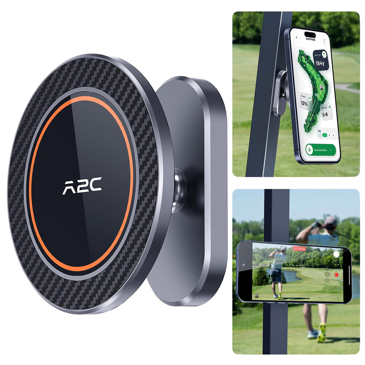 A2C Alloy Magnetic Golf Cart Phone Holder for MagSafe iPhone 16 Pro Max Plus 15 14 13 12 Mini Fits EZGO Club Car Yamaha Icon Golf Cart Accessories Gadgets Essentials Gift for Friends Men Women