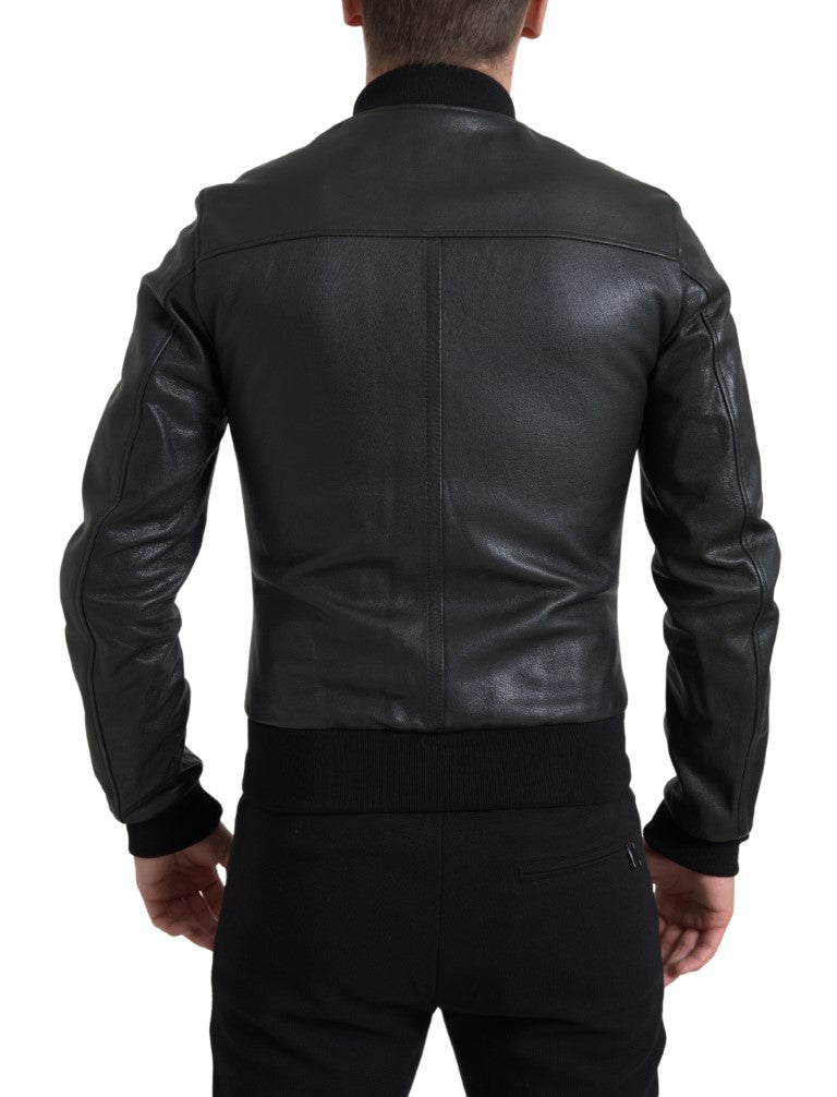 Dolce & Gabbana Black Leather Blouson Full Zip Bomber Jacket - Men's