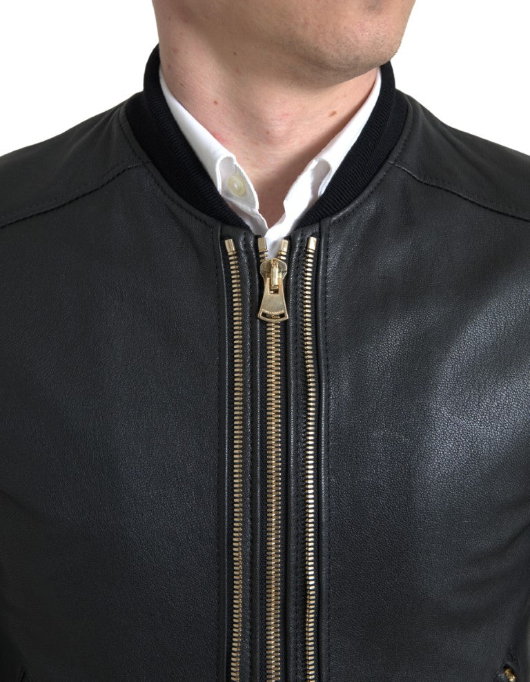 Dolce & Gabbana Black Leather Blouson Full Zip Bomber Jacket - Men's