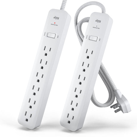 KMC 6-Outlet Surge Protector Power Strip 4 ft cord 2-Pack 1080J Power Surge Protector 4-Foot Long Braided Extension Cord with Multiple Outlets Power Strip Surge Protector 6 Power Outlet Flat Plug