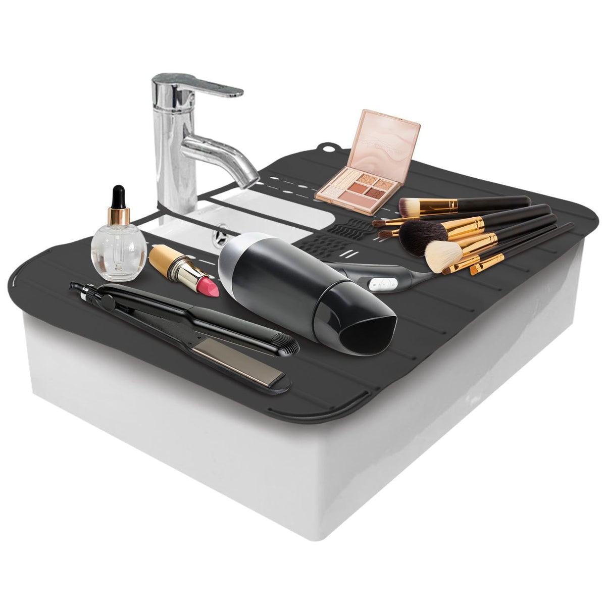 Bathroom Sink Cover For Counter Space MakeupSink Toppers Foldable Sink CoverSilicone Beauty Makeup Brush Cleaning Matfor Beauty Tools Bathroom Sink Organizer Countertop(Black)
