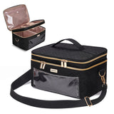 BAFAMYE 8.8L Double Layer Travel Makeup Bag With Mirror For Women Large Cosmetic Case Organizer for Travel-Size Accessories Bottles Brushesand Skin Care Products 2.33-GAL Black