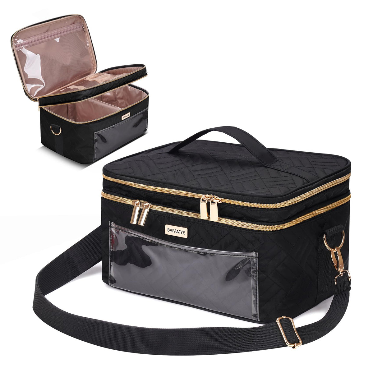 BAFAMYE 8.8L Double Layer Travel Makeup Bag With Mirror For Women Large Cosmetic Case Organizer for Travel-Size Accessories Bottles Brushesand Skin Care Products 2.33-GAL Black