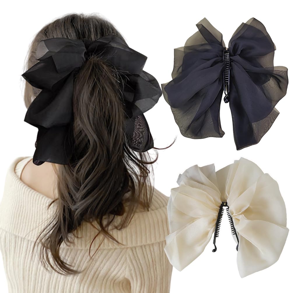 2 Pcs Ribbon Bow Banana Clip Vertical Ponytail Claw Clip Bowknot Ponytail Holder Hair Barrette Accessories for Women Girls (Black and Beige)
