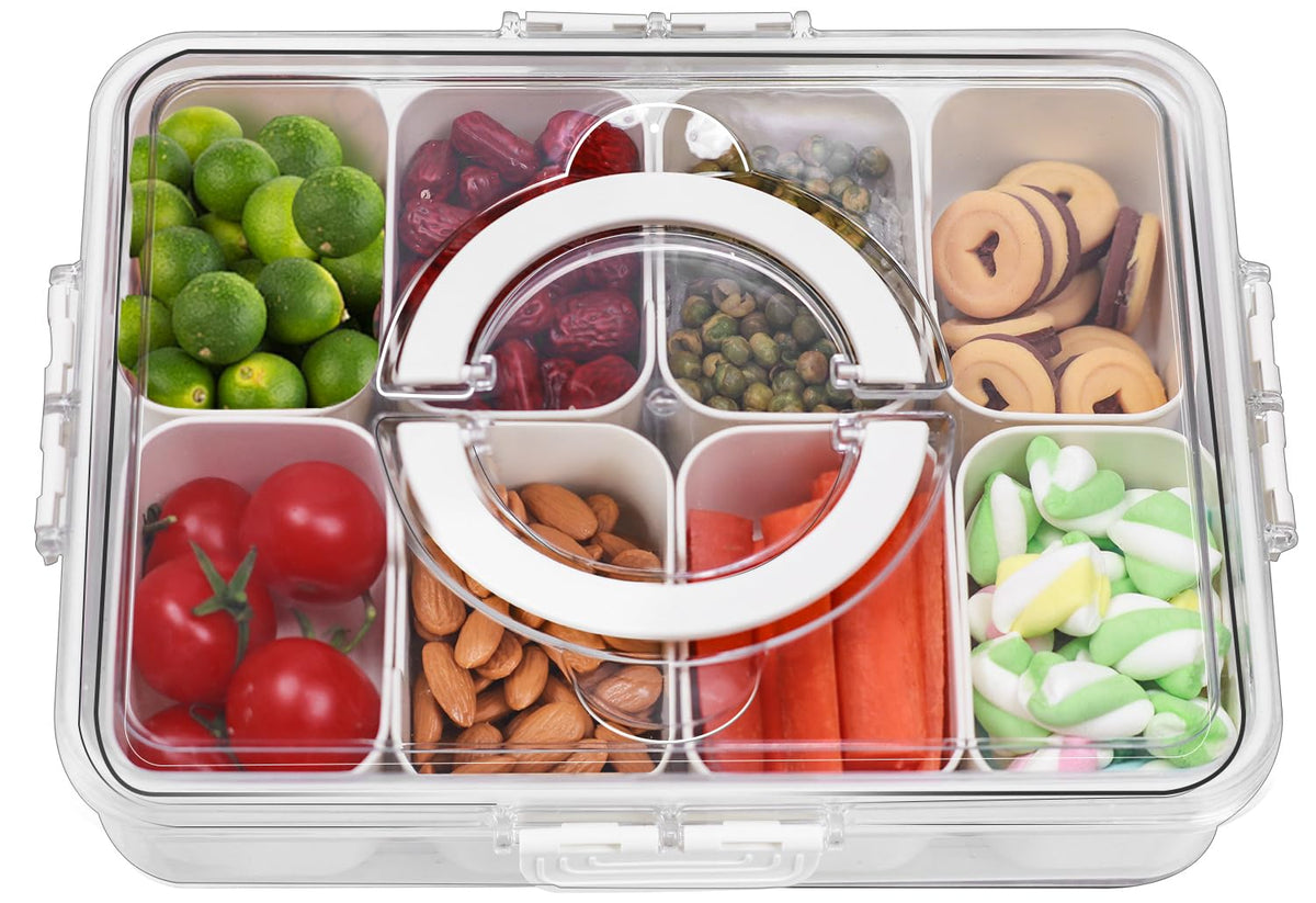 Divided Serving Tray with Lid and Handle - Snackle Box Charcuterie Platter Clear Storage Organizer for Candy Veggie Fruits Nuts& Spices Portable Snack Container for Entertaining Party Picnic