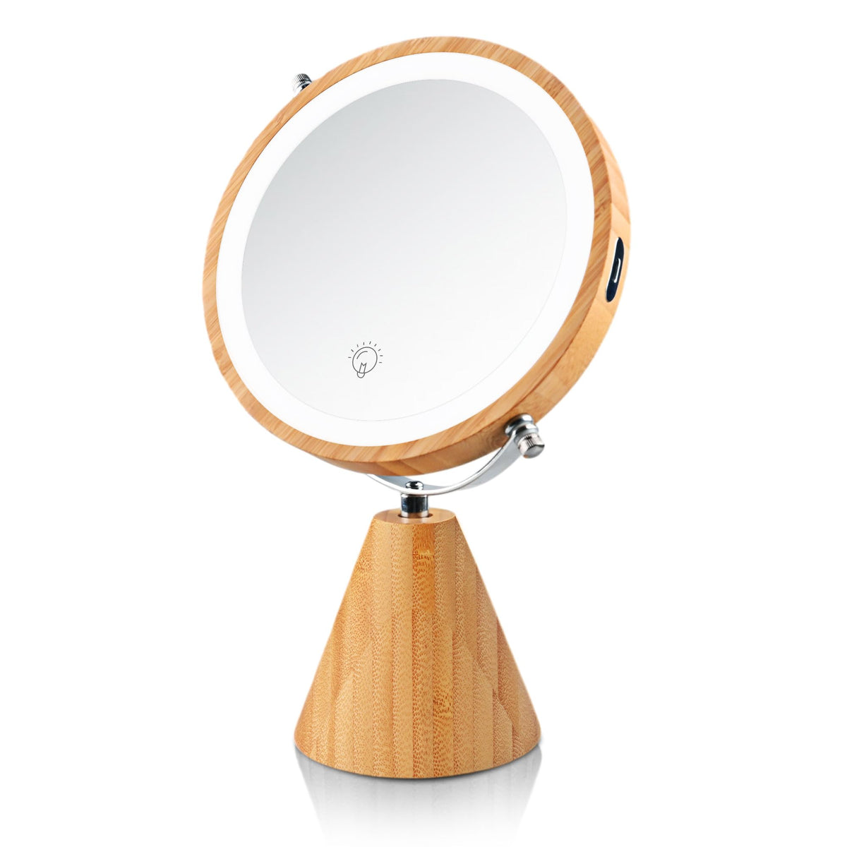 SLIMOON 8" Vanity Mirror with Lights and Bamboo Stand 1X/10X Double Sided Magnifying Mirror with Light 360° Rotation 3 Colors Brightness Adjustable Rechargeable Makeup Mirror with 50 LED Lights