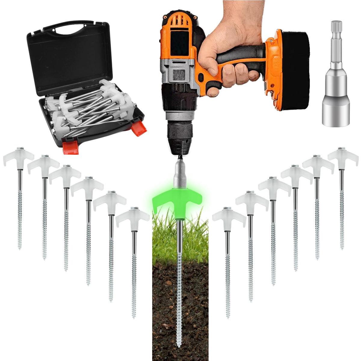 16 Pcs 8" Heavy Duty Metal Threaded Tent Stakes Tent Pegs Ground Stakes Glow in The Dark Drill in Style Ground Anchors Screw in for Yard Camping Garden Canopies Grassland (Hex Tool and Carry Case)