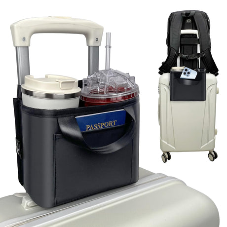 Vethers Luggage Cup Holder for Suitcases - Free Hand Drink Carrier Multifunctional Travel Cup Holder Fits Suitcase Handles Travel Accessories (Water Proof Jet)