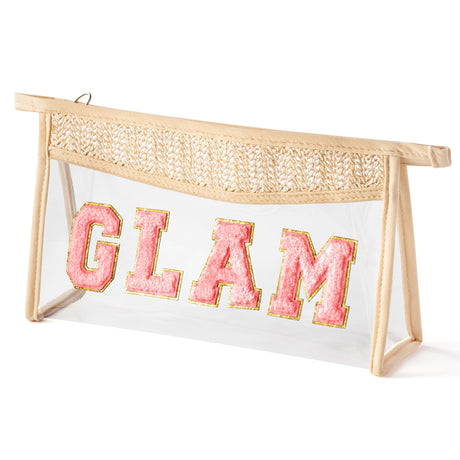 Belanttega Boho Patch Cosmetic Bag - Valentines Day Preppy GLAM Pink Chenille Varsity Letter Clear Toiletry Bag Waterproof Portable Woven Makeup Bag PVC Clutch Purse Travel Bag for Women Girls