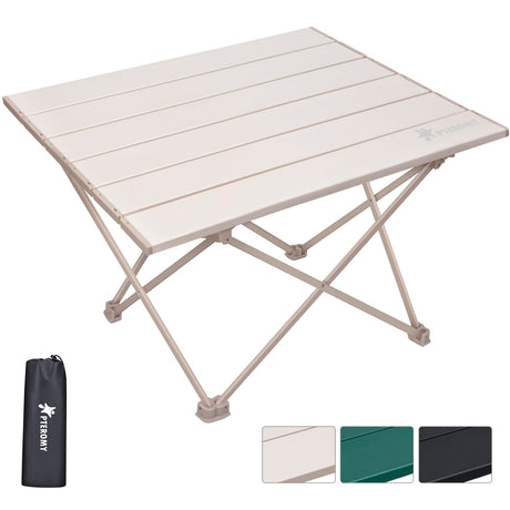 PTEROMY Folding Camping Table with Ultralight Aluminum Tabletop Camping Side Table Portable Beach Table Outdoor Folding Table for Camping Picnics and BBQs (Small Beige)