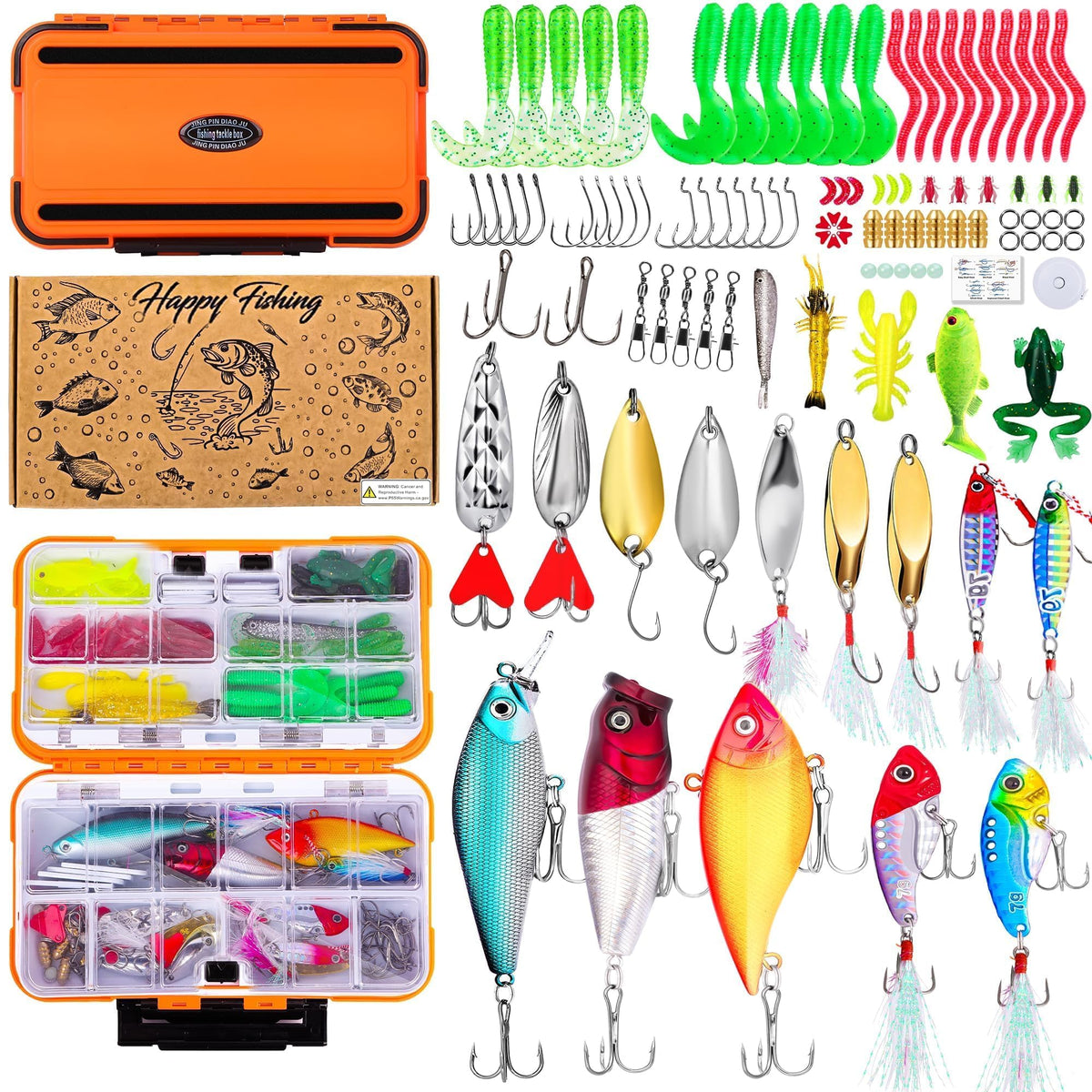 Fishing Lures Kit for Freshwater Tackle Box Kit for Bass Trout Bait & Other Accessories Fishing Gear Stuff Fishing Gifts for Men Boys Beginner 105pcs Orange