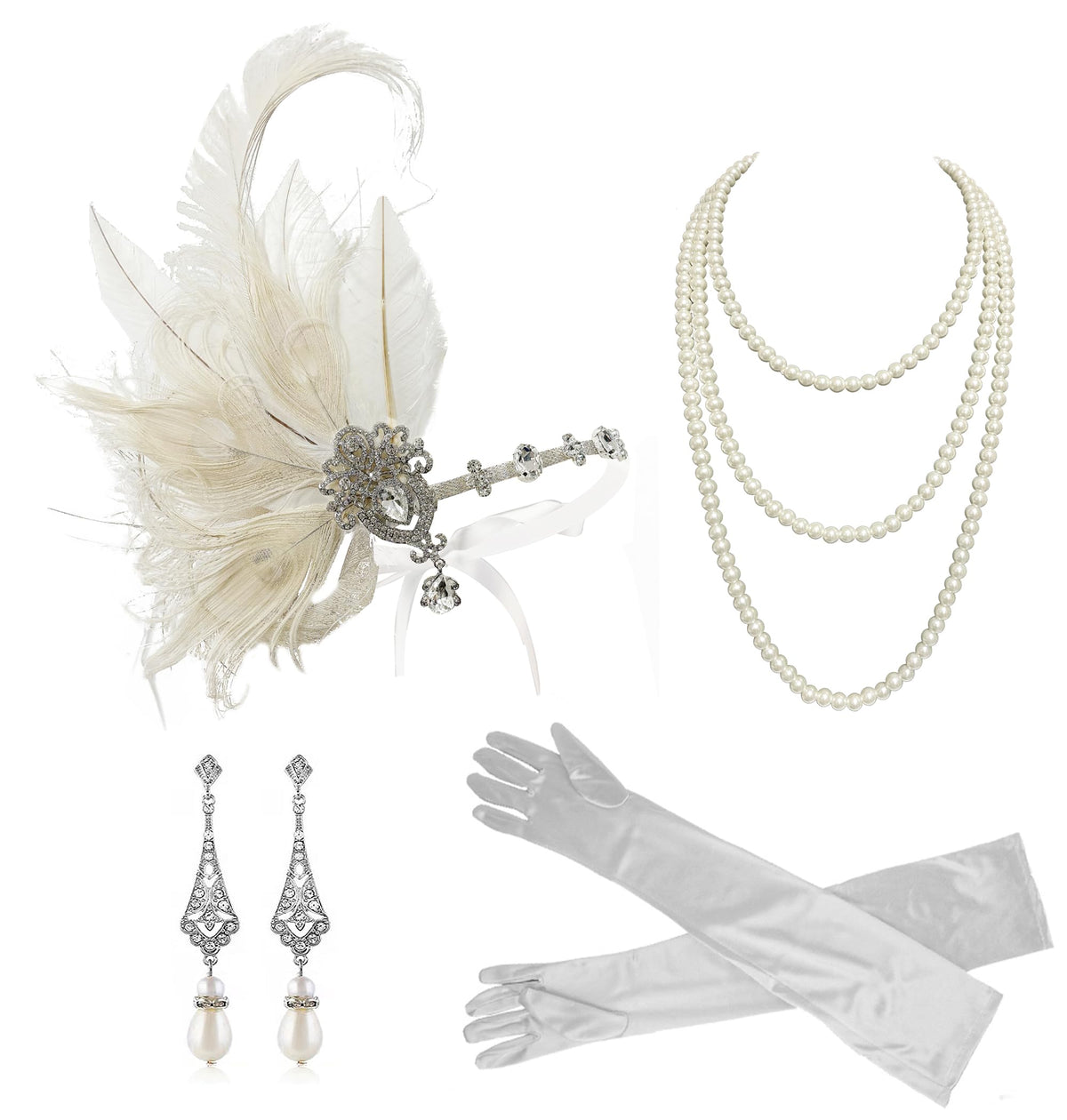 Cizoe 1920s Flapper Accessories Set for Women Great Gatsby Headband Headpiece Roaring 20s Flapper Girl Costume Accessories Set(Beige)