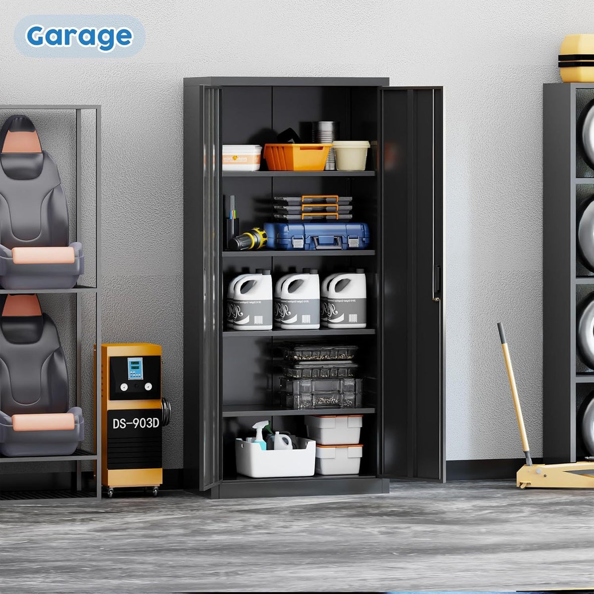 Metal Garage Storage Cabinet With Lock, Steel Lockable File Cabinet With 2 Doors And 4 Adjustable Shelves For Office,Home,Garage, Storage, Assembly Required, Black