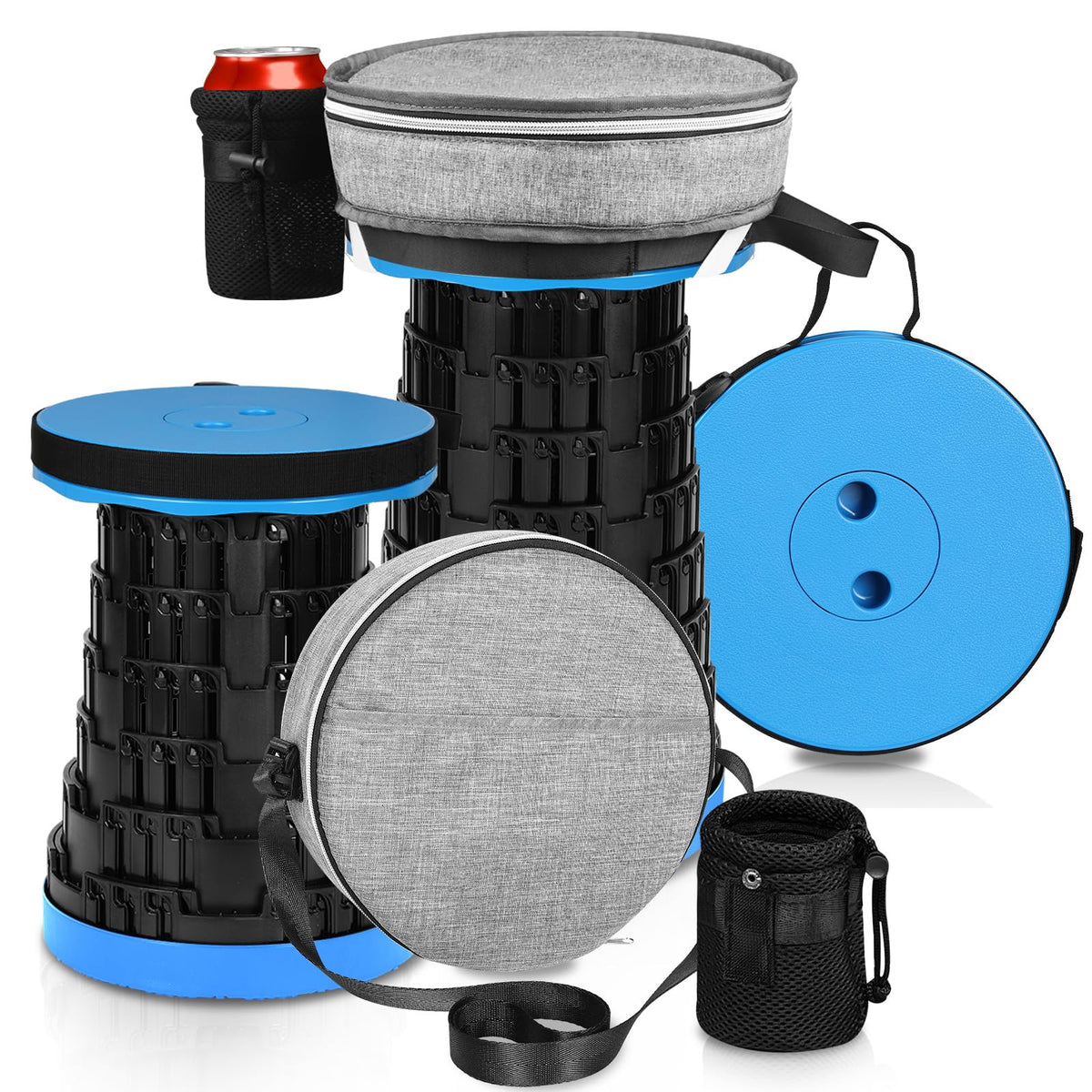 Fuairmee Collapsible Stool - Upgraded with 3 Slides Load Capacity 600lbs Folding Camping Stool with 3-in-1 Carry Bag Lightweight Sturdy Retractable Suitable for Camping Fishing Hiking BBQ (Blue)