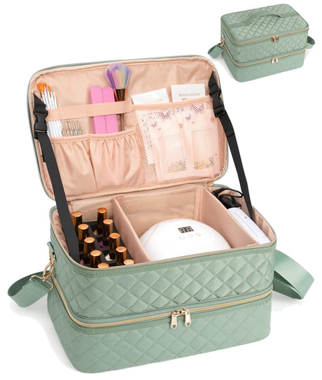 Ethereal Nail Polish Organizer Case Holds 40-50 Bottles(15ml/0.5fl.oz) and Nail Lamp Double Layer Nail Polish Storage Bag for Nail Kit Manicure Tools Green