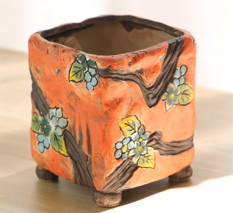 Hand-Painted Diamond-Embedded Square Ceramic Planter
