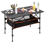 Night Cat Camping Table with Net Basket Foldable Picnic Table for Outdoor Portable Lightweight Rustless Waterproof Adjustable Height 1.7-3ft BBQ Garden Backyard 35x 19