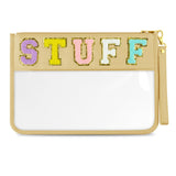 Morcheiong Chenille Letter Bag Cute Cosmetic Bag Clear Zipper Stuff Pouch Portable Multi-purpose PVC and Nylon Makeup Bag with Handle for Travel School Gym Beach（Beige Stuff）