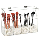 Vevitts Acrylic Makeup Organizer Clear Cosmetic Brush Storage Box With 4 Brush HoldersMakeup Brush Holder with Dust Cover Large-capacity Split Design Can Quickly Organize the Desktop（No pearls）