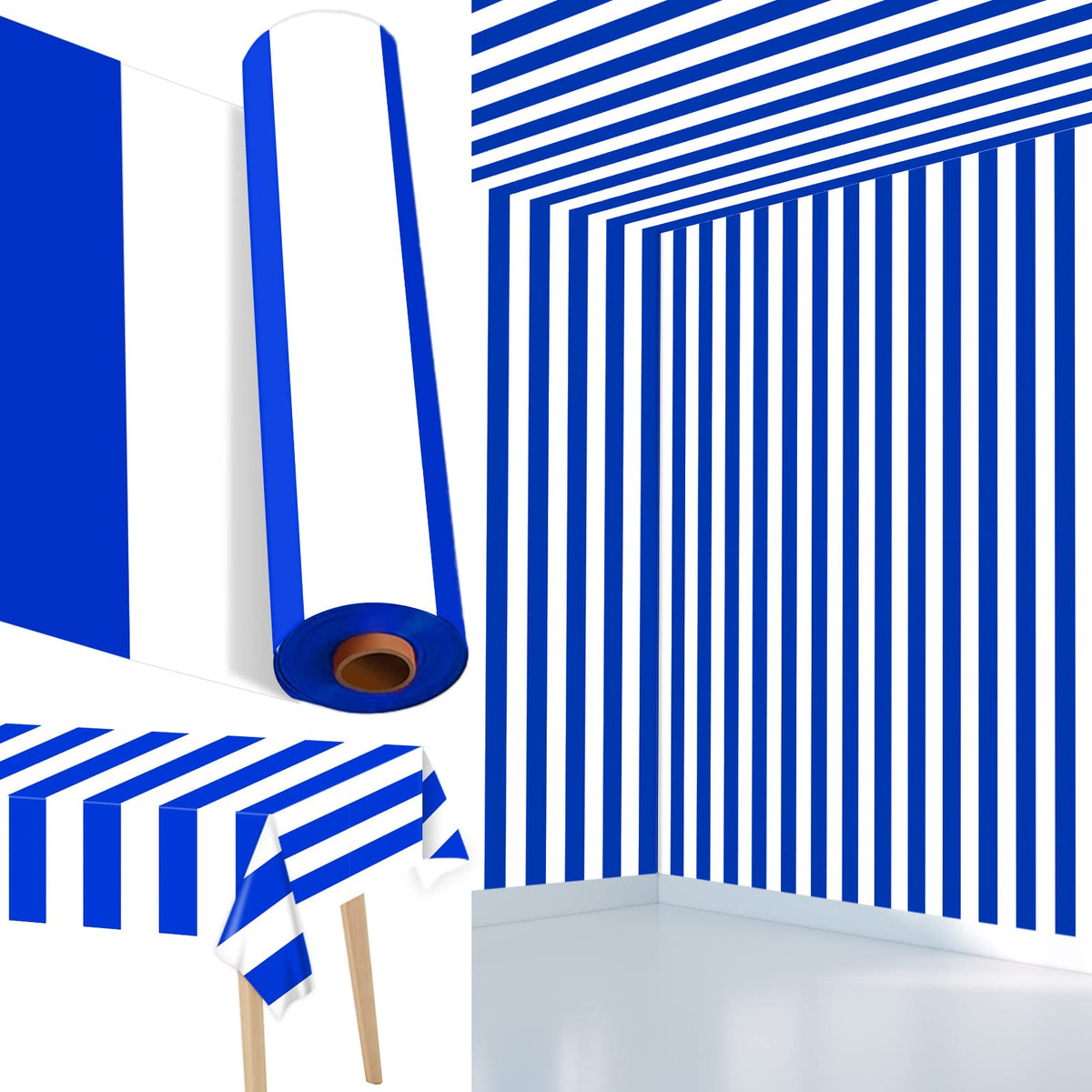 Blue and White Stripe Tablecloth Roll 52 in x 100 Ft Blue Stripe Picnic Party Supplies Camping Party Tablecloth for Indoor Outdoor Events Family Banquet Parties and Celebrations（Plastic ）