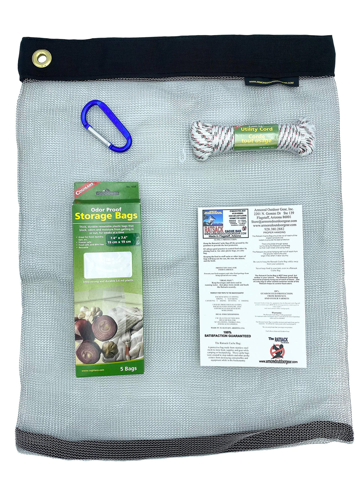 RATSACK Camping Bag Bundle - Ultralight Rodent Proof Dry Bag for Backpacking - Bear Bag Food Storage for Camping with Coghlans Odor Proof & Waterproof Bag Survival Utility Rope and Carabiner (Small)…