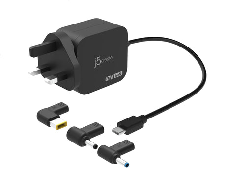 j5create Charger Laptop 67W GaN USB-C PD with 3 Detachable DC Connectors UK JUP1565DCF3A