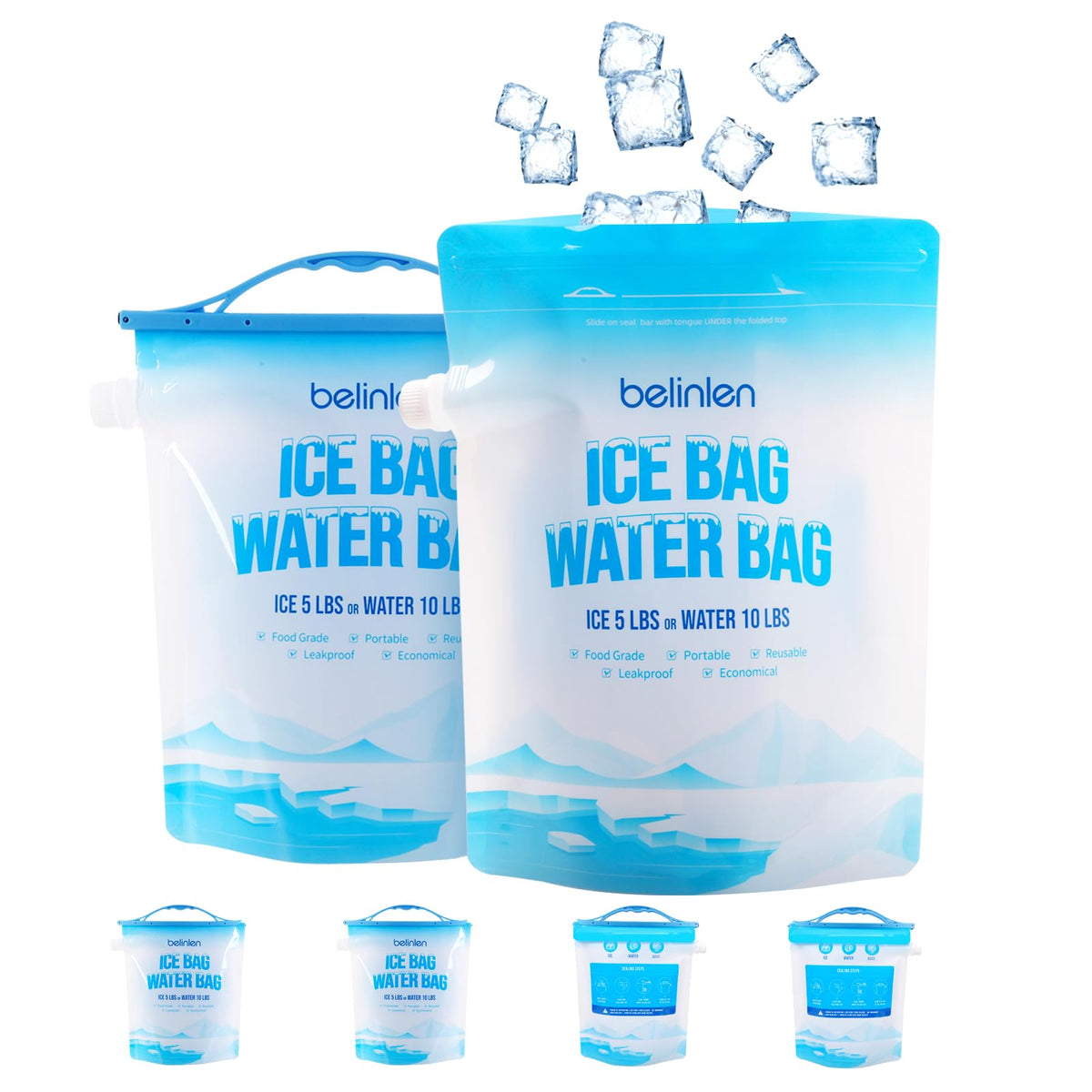 Belinlen 6 Pack Reusable Ice Bags for Cooler 5lb Cooler Ice Cube Bag with Sealed Sliding Handle Long Lasting Cold Dry Freezer Packs Leakproof Ice Bag for Camping Hiking Fishing and Drinks(11 x 14)