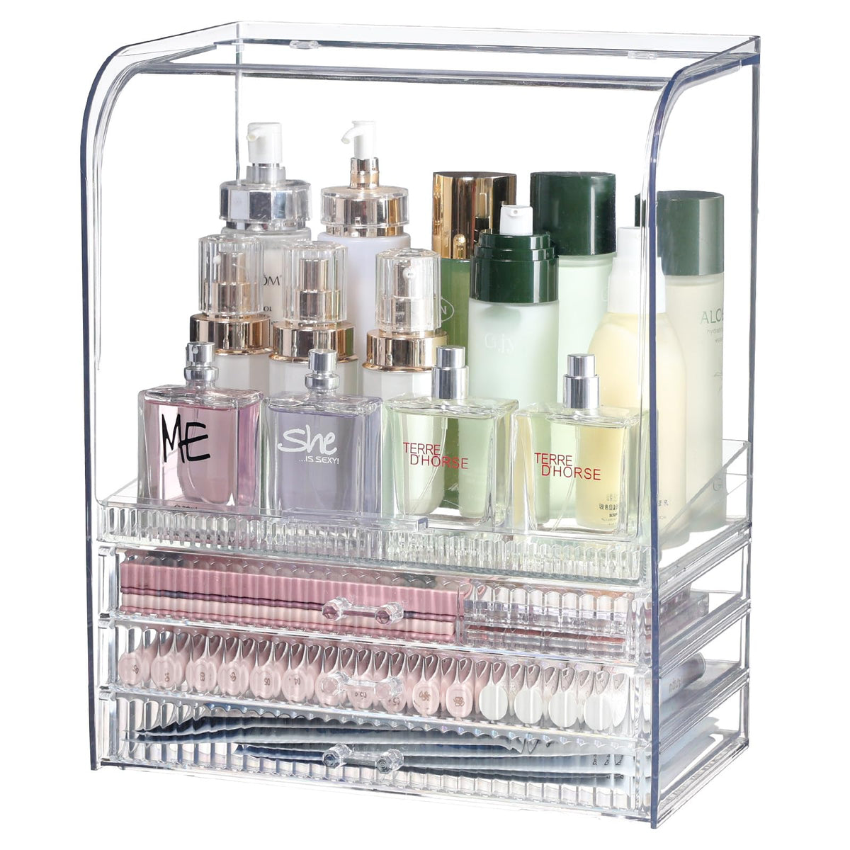 Clear Acrylic Makeup Organizer for Vanity With LidLarge Capacity Bathroom Countertop Organizer and Storage With 3 DrawersDustproof Cosmetics Organizer for Cologne PerfumeBeautySkincare Container