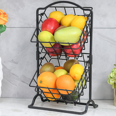 Wetheny 2 Tier Iron Fruit Basket Fruit Bowl for Kitchen CounterBreadFruit and Vegetable Holder Storage BasketWire Hanging Basket stand for Kitchen Organizer Matte Black