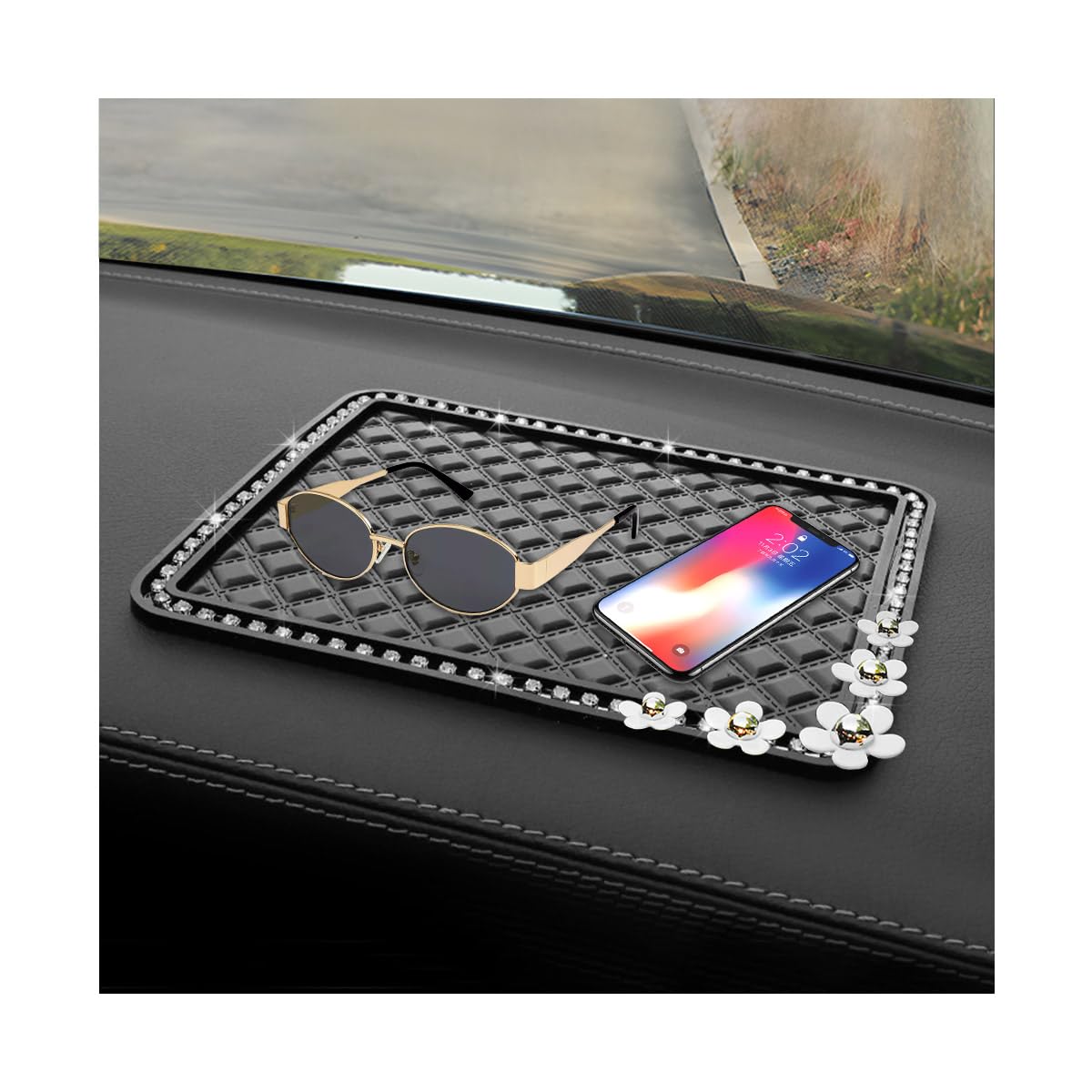Dickno Car Dashboard Anti-Slip Phone Pad Rhinestone Center Console Ornament Sticky Mat Multifunctional Dash Board Pad for Storage Phones Keys Glasses Car Accessories (Diamond+Daisy Small)