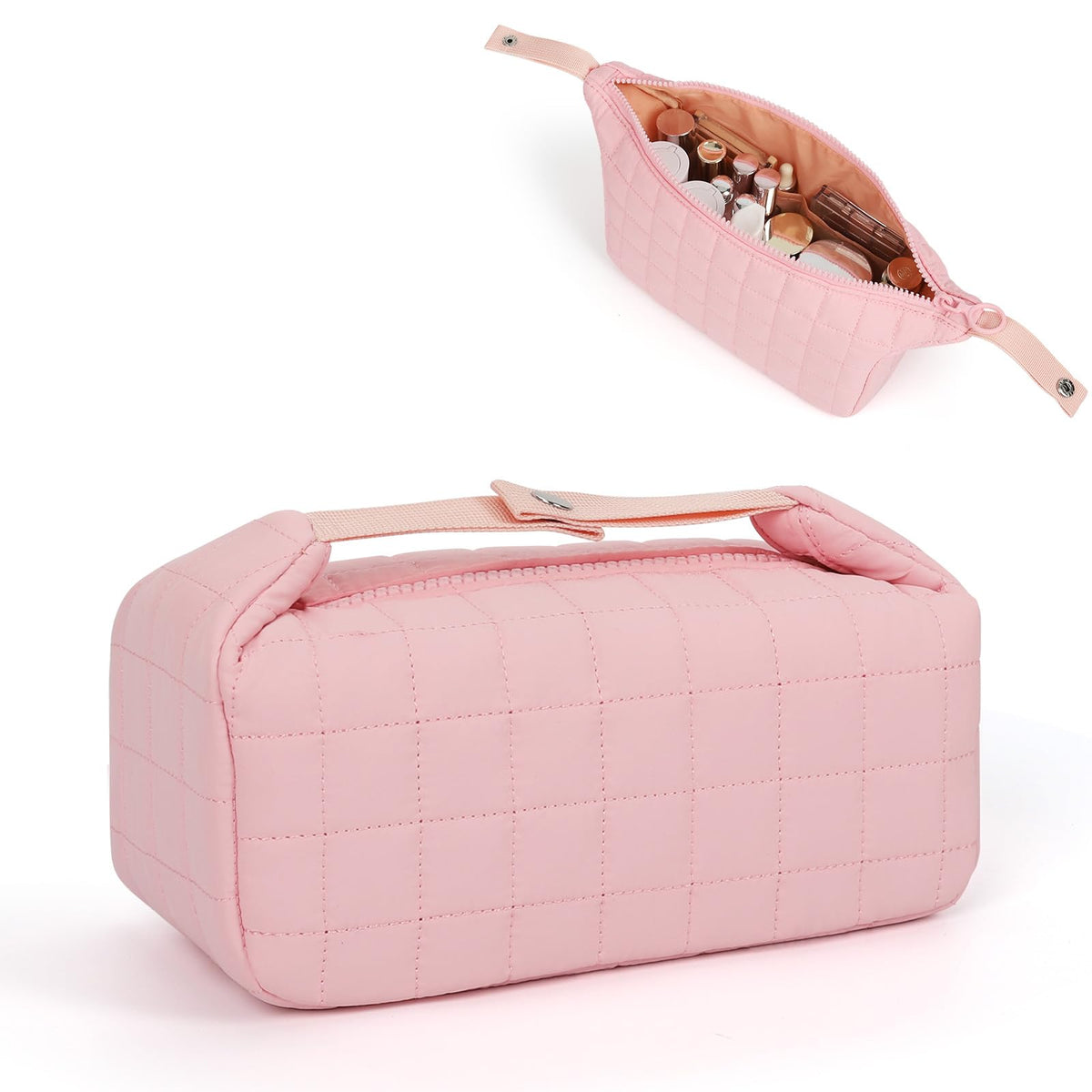 Travel Makeup Bag for Purse Cosmetic Bag Cute Waterproof Make Up Organizer Tool Pouch Wide-open Pouch Small Cosmetic Case for Women and Girls Pink