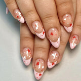 Pink French Tip Press on Nails Short Almond Love Heart False Nails with Design Valentines Day Nails Artificial Acrylic Nails Full Cover Reusable Glossy Coffin Fake Nails Glue on Nails for Women
