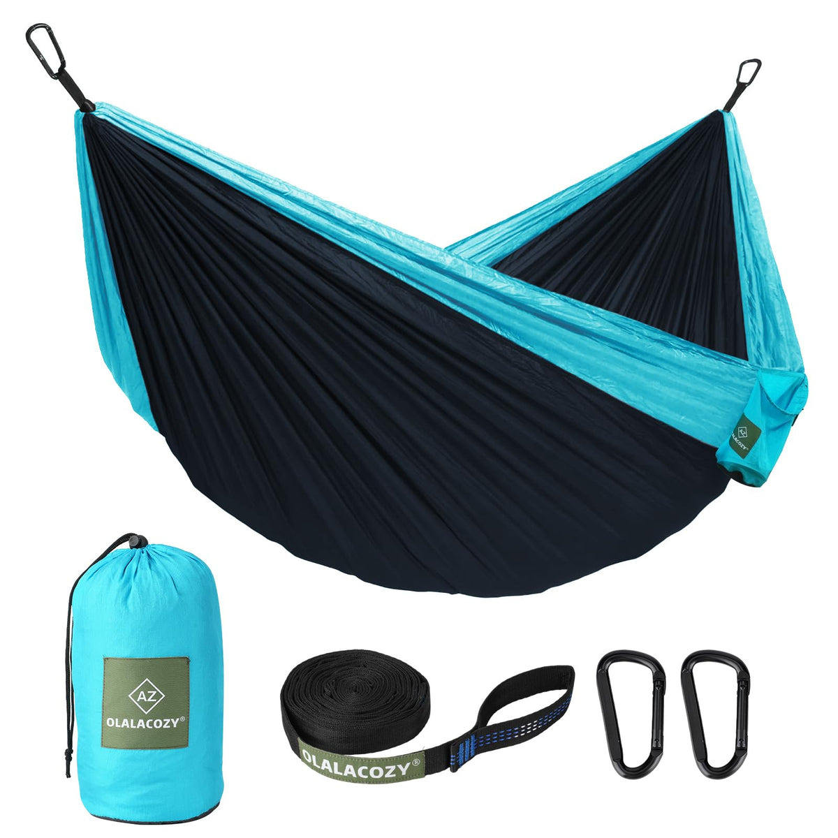 OLALACOZY Camping HammockCamping EssentialsLightweight Portable Double & Single Hammock with Tree Straps Camping Gear for Outside Hiking Camping Beach Backpack Travel Blue & Light Black Medium