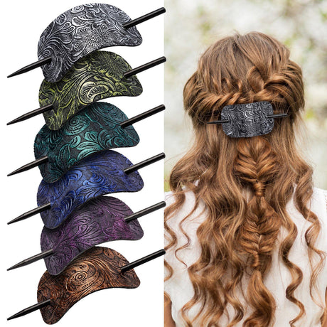 Noverlife 6PCS Leather Hair Barrettes with Stick Square Shape Hair Accessories Set - Ponytail Holders Clips with Wood Slide Stick for Women Girls