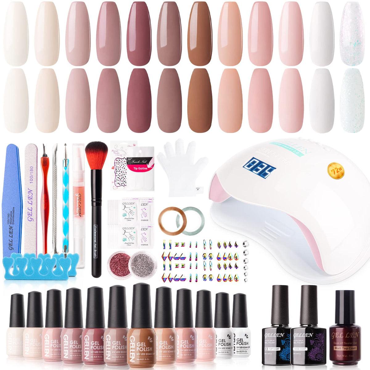 Gellen Gel Nail Polish Kit with U V LED Light 72W Nail Dryer 12 Gel Nail Colors No Wipe Top Base Coat Nail Art Decorations Manicure Tools All-In-One Manicure Kit Gentle Nudes
