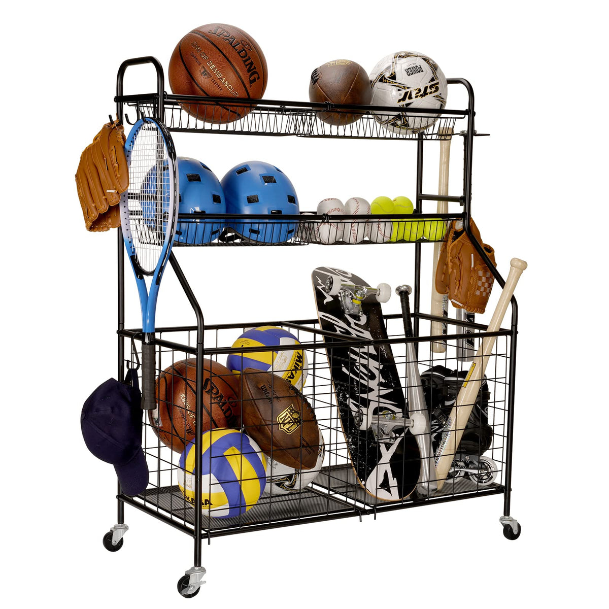 Garage Sports Equipment Organizer Ball Storage Rack Toy Storage Nerf Gun Organization on Wheels for School Garage Black Steel