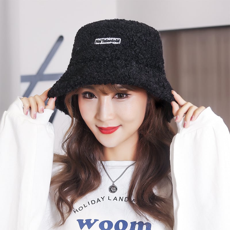 Embroidered Fisherman Hat with Lamb Hair Detail