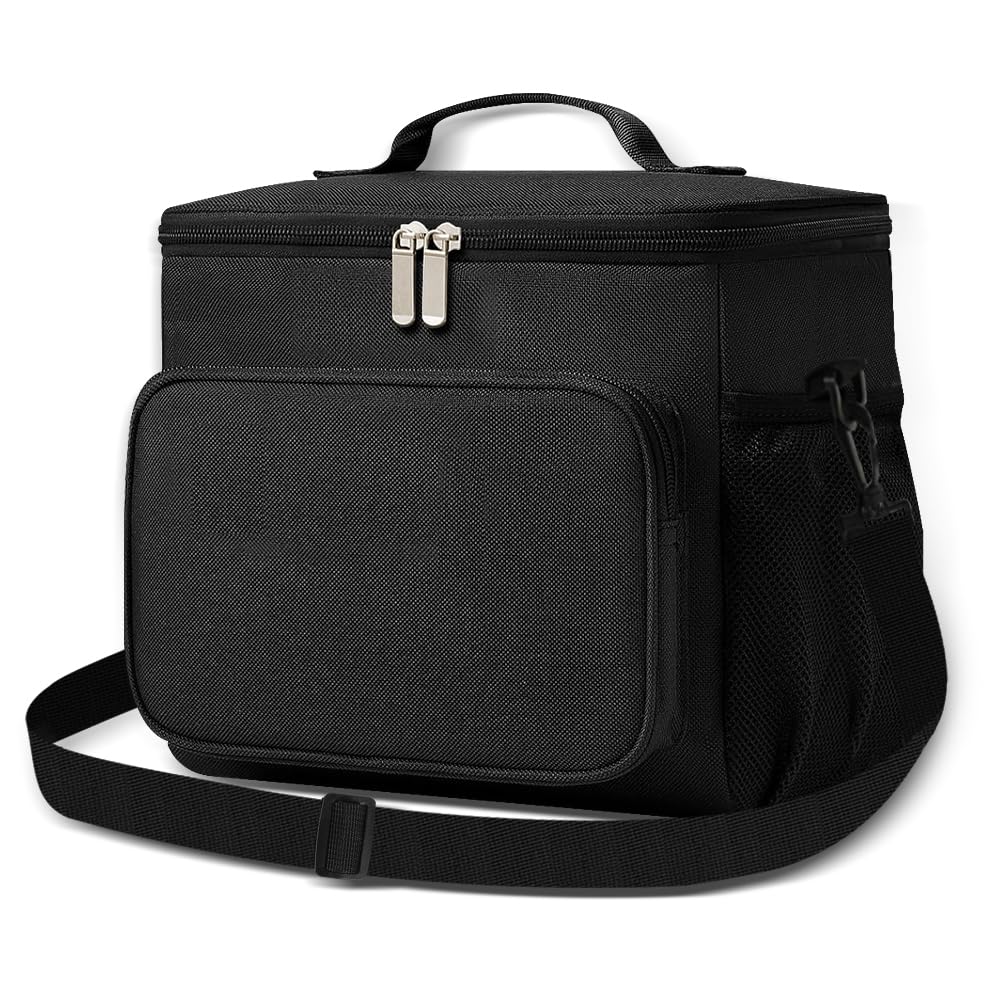 TIECHI Lunch Bag 12L Insulated Lunch Bag with Adjustable Shoulder Strap Lunch Box with Upgraded Leakproof Lining for W/Men Collapsible Cooler Bag for Work Picnic Camping- Upgraded Black