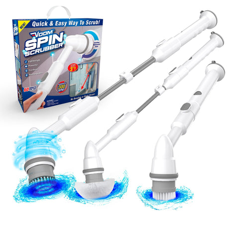 Voom Electric Spin Scrubber Cordless Shower Spinning Brush with 2 Replaceable Brush Heads & Adjustable Handle Rechargeable Spinning Brush for Cleaning Bathroom Tub Floor & Wall Tiles Car Wheels