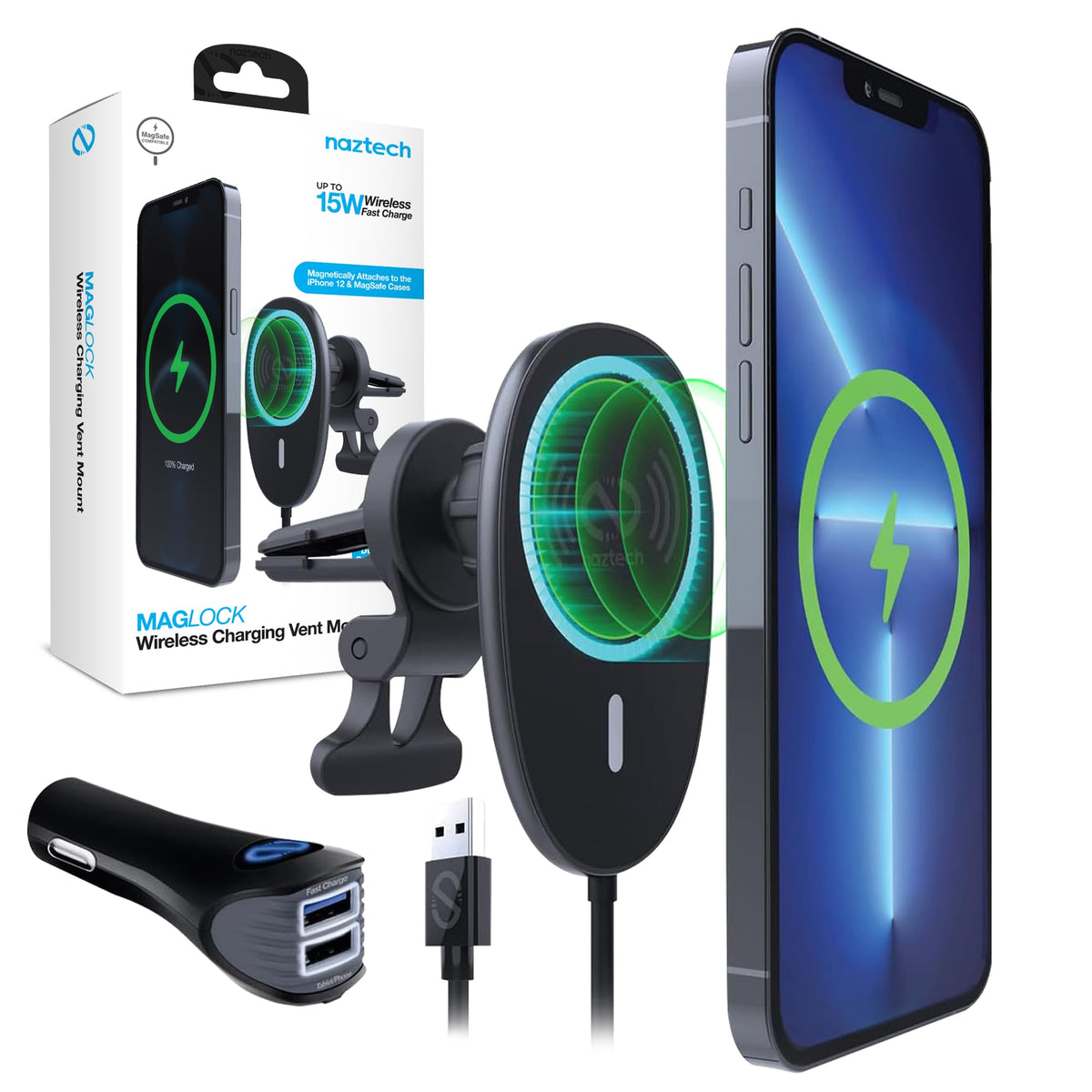 Naztech MagLock 15W Wireless Charging Magnetic Car Phone Mount - 2-in-1 Clip-Style Car Air Vent Mount + Adapter: Hands-Free Easy Install Compatible with iPhone & Samsung Devices - Black