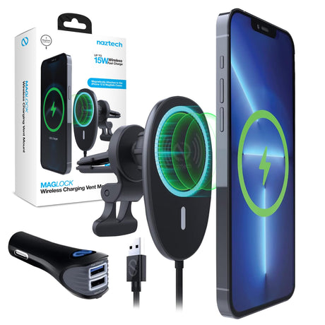 Naztech MagLock 15W Wireless Charging Magnetic Car Phone Mount - 2-in-1 Clip-Style Car Air Vent Mount + Adapter: Hands-Free Easy Install Compatible with iPhone & Samsung Devices - Black