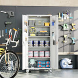 Large Metal Storage Cabinet With Pegboard And Wheels,Lockable Steel Storage Cabinet With 4 Adjustable Shelves, White Metal Cabinet For Garage Home, Office Assembly Required