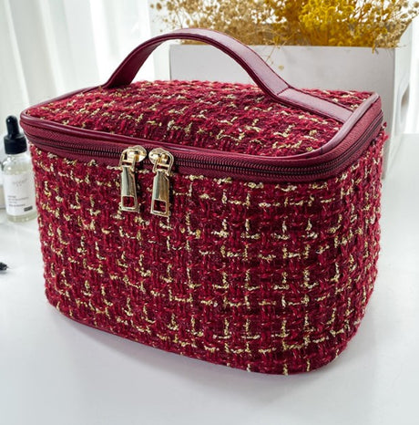 Plaid Print Large Capacity Makeup Bag with Handle