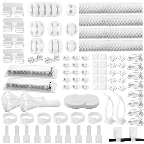 [313Pcs] Cable Management Kit 67 Adhesive Cable Clips Topavatop Desk Cord Organizer 22 Reusable Cable Strap 4 Cable Sleeve Split 200 Nylon Cable Zip Ties with 20 Mounts for TV Office Home White