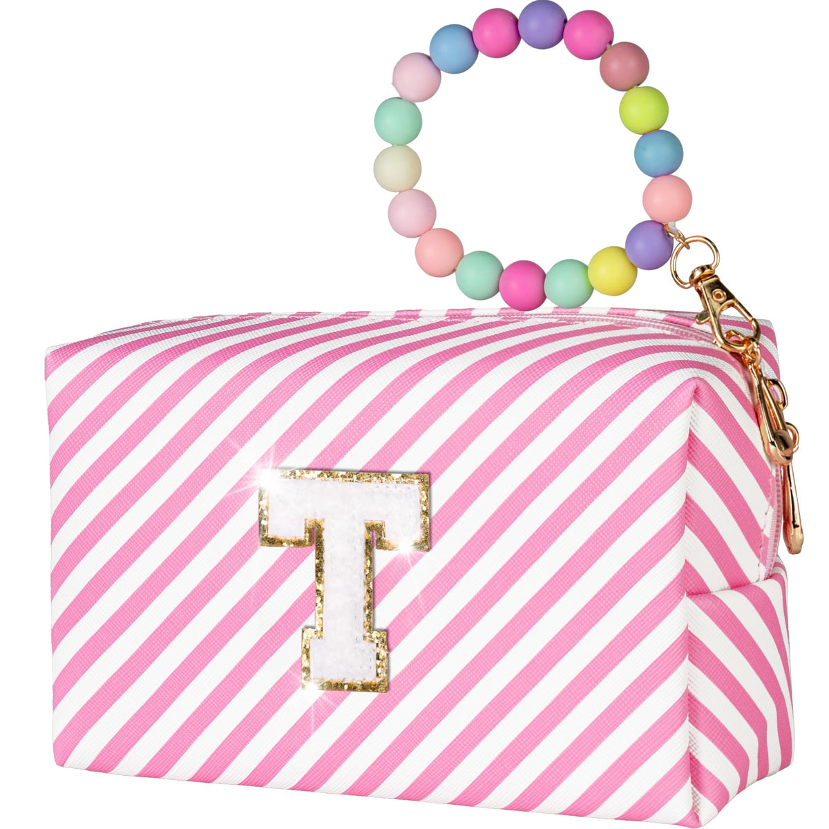 Elilier Initial Makeup Bag For Travel Chenille Letter Pouch Cosmetic Bag PU Leather Waterproof Toiletry Bag Personalized Gifts For Bride Bridemaids Cute Things for Girls (Letter T)