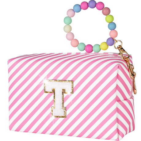 Elilier Initial Makeup Bag For Travel Chenille Letter Pouch Cosmetic Bag PU Leather Waterproof Toiletry Bag Personalized Gifts For Bride Bridemaids Cute Things for Girls (Letter T)